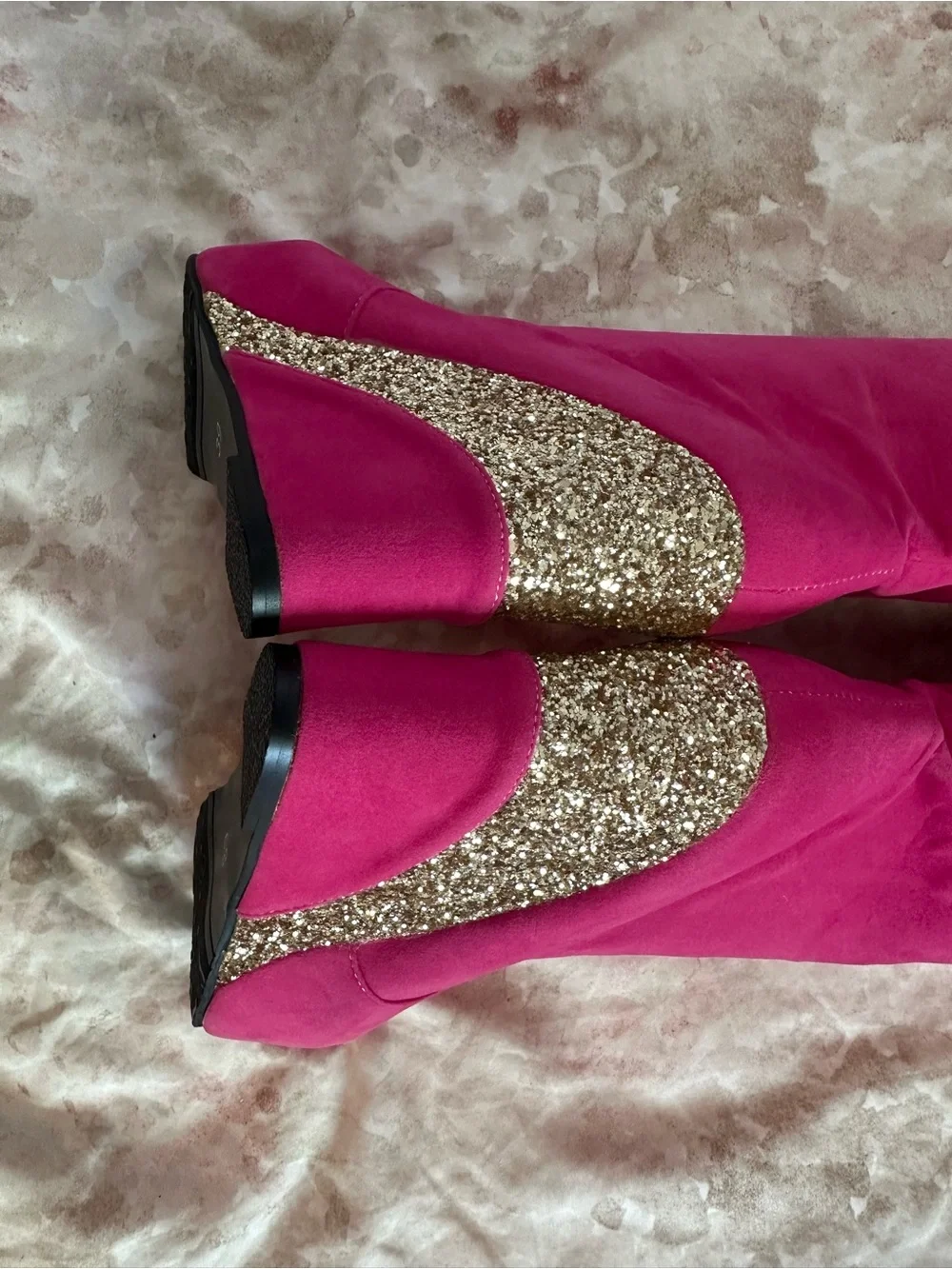 Women's Fuchsia Knee-High Wedge Boots with Glitter Accent